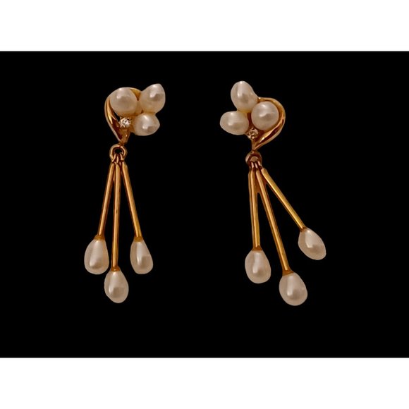 14k Solid Yellow Gold Diamond Pearl Cluster Dangle Stud Earrings 1.75" 3.7 Grams - Picture 4 of 7